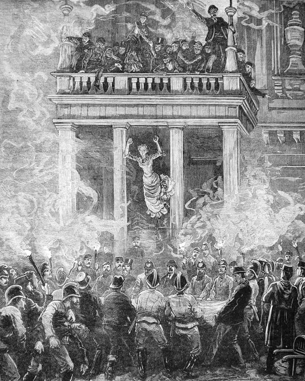 Пожарные спасают людей из ловушки при пожаре в Ринг-театре в Вене, 1881 год
